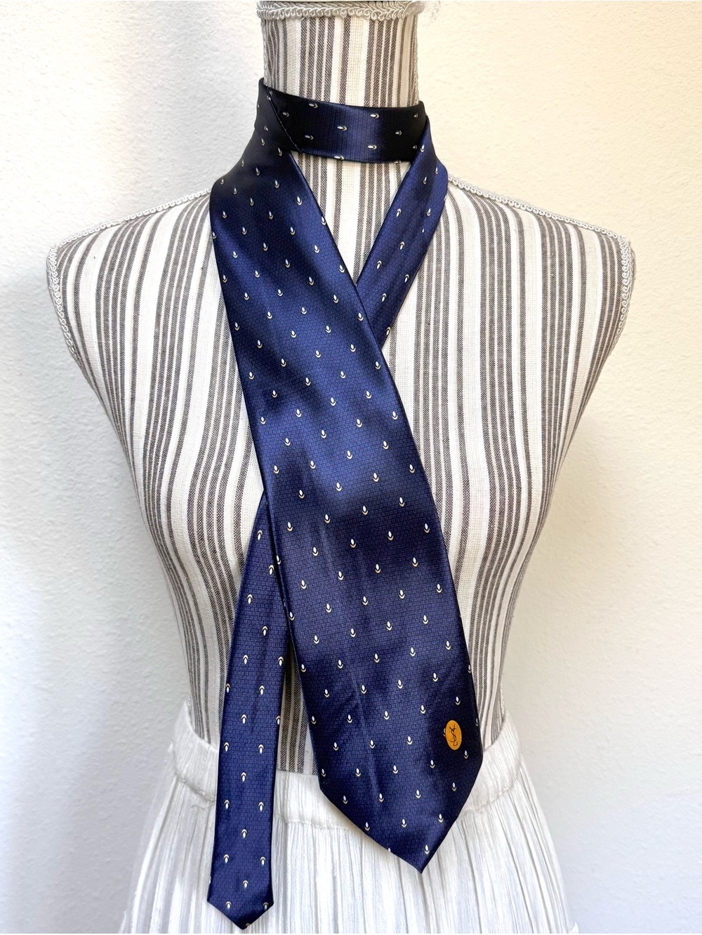 Vintage Yves Saint Laurent YSL Silk Tie Navy Blue Logo Medallion Handmade